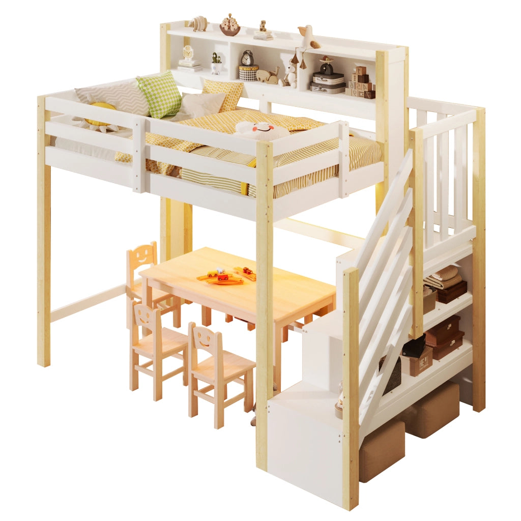 LETTO a soppalco 90x200 cm Bianco/Naturale con scala contenitore e LED