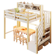 LETTO a soppalco 90x200 cm Bianco/Naturale con scala contenitore e LED