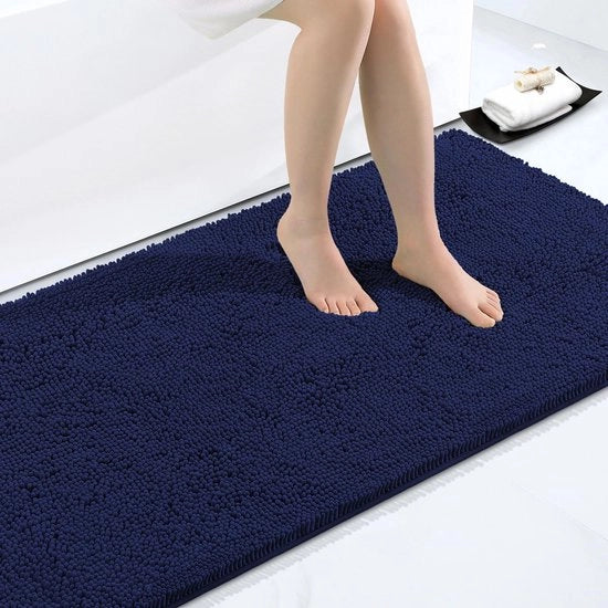 Badmat Antiscivolo con Microvezzi e Chenille, Assorbente, Alto Pelo, 60 x 120 cm, Blu Marino
