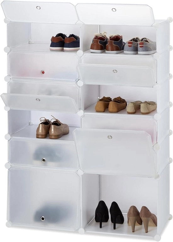 Rack per Scarpe in Plastica a 12 Comparti per 24 Pari - Sistema XXL da Collegamento - Bianco - 125x94x37 cm