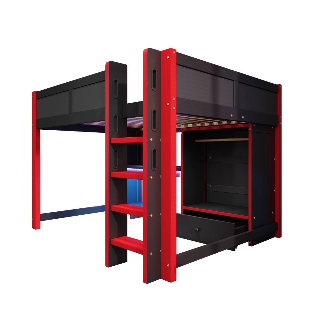 Letto a soppalco Gaming con scrivania - Zephmum- 140x200 cm, LED, armadio, cassetti, nero + rosso