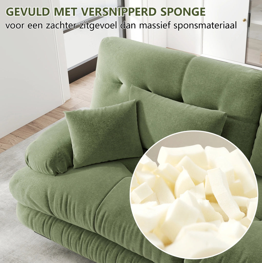 Divano angolare Cloud in chenille verde con 2 cuscini lombari, 2 cuscini decorativi e 2 pouf abbinati