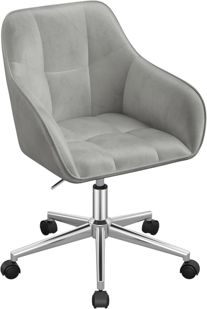 Sedia Ufficio in Velluto con Braccioli e Rotelle, Poltroncina Regolabile in Altezza Girevole, Sedia da Trucco, Grigio Chiaro, BS145hgr