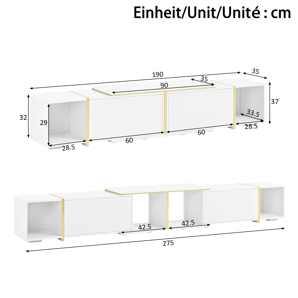 Mobile TV estensibile con frontali lucidi; 2 vani aperti e spazi chiusi; per soggiorno; 275 × 35 × 37 cm
