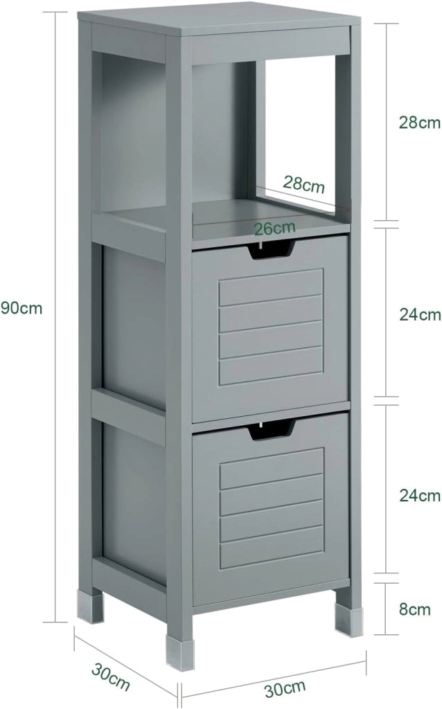 Mobile Bagno Cassettiera – Mobiletto Stretto con 2 Cestini – Armadietto Salvaspazio per Piccoli Bagni e WC, Mobiletto Bagno in Legno, Grigio, 30x89x30 cm, FRG127-SG