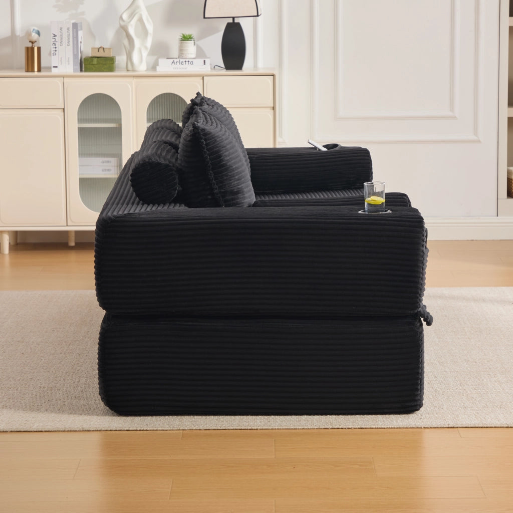 Divano letto modulare in velluto a coste con cuscini memory, tasche laterali e portabevande, nero 232 × 98 × 80 cm