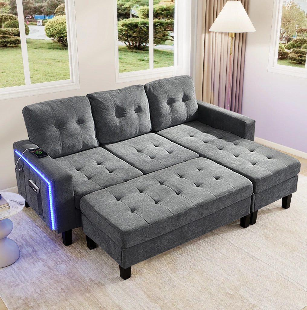 Divano letto a L 3 posti in ciniglia grigio antico con pouf mobile; LED e USB