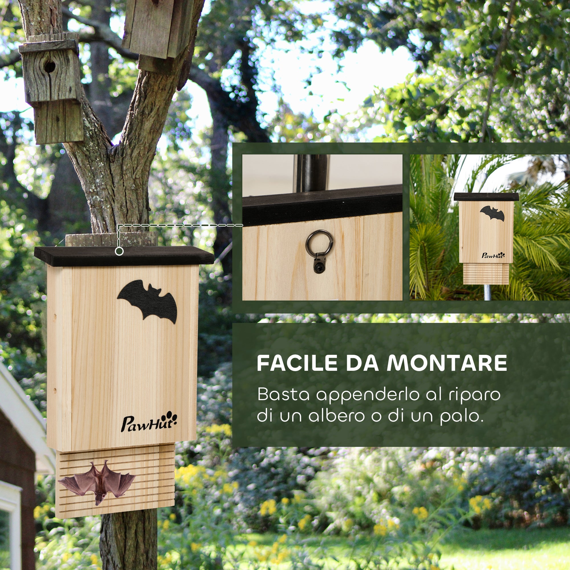 Set di 3 Casette per Pipistrelli 25x6x37,5 cm in Legno di Abete per Esterni in Legno di Abete