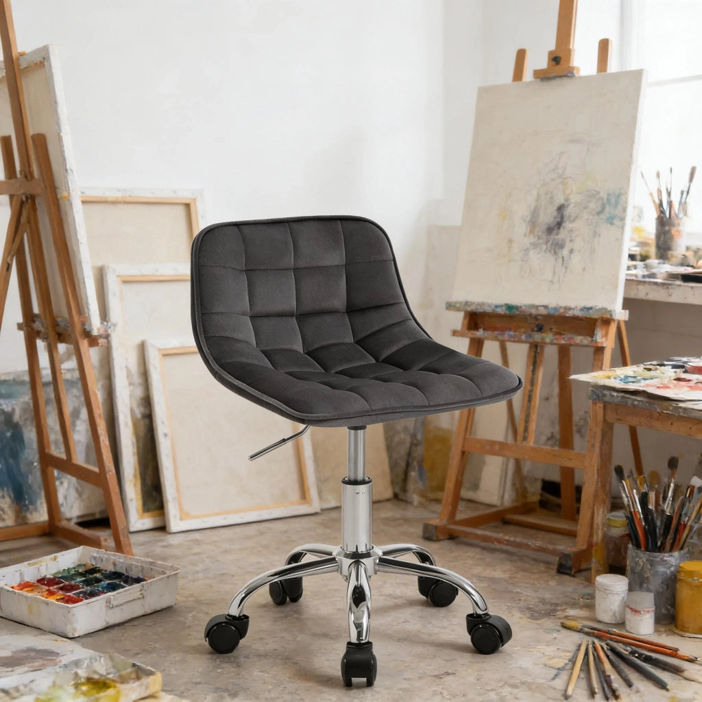Sedia girevole in velluto grigio scuro, regolabile in altezza, con ruote, per ufficio e make-up