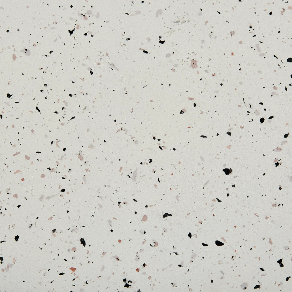 Tavolino bianco con effetto terrazzo in fibra di vetro MgO con piano rotondo resistente alle macchie UV, alla ruggine, all'acqua e al vento, moderno per esterni.
