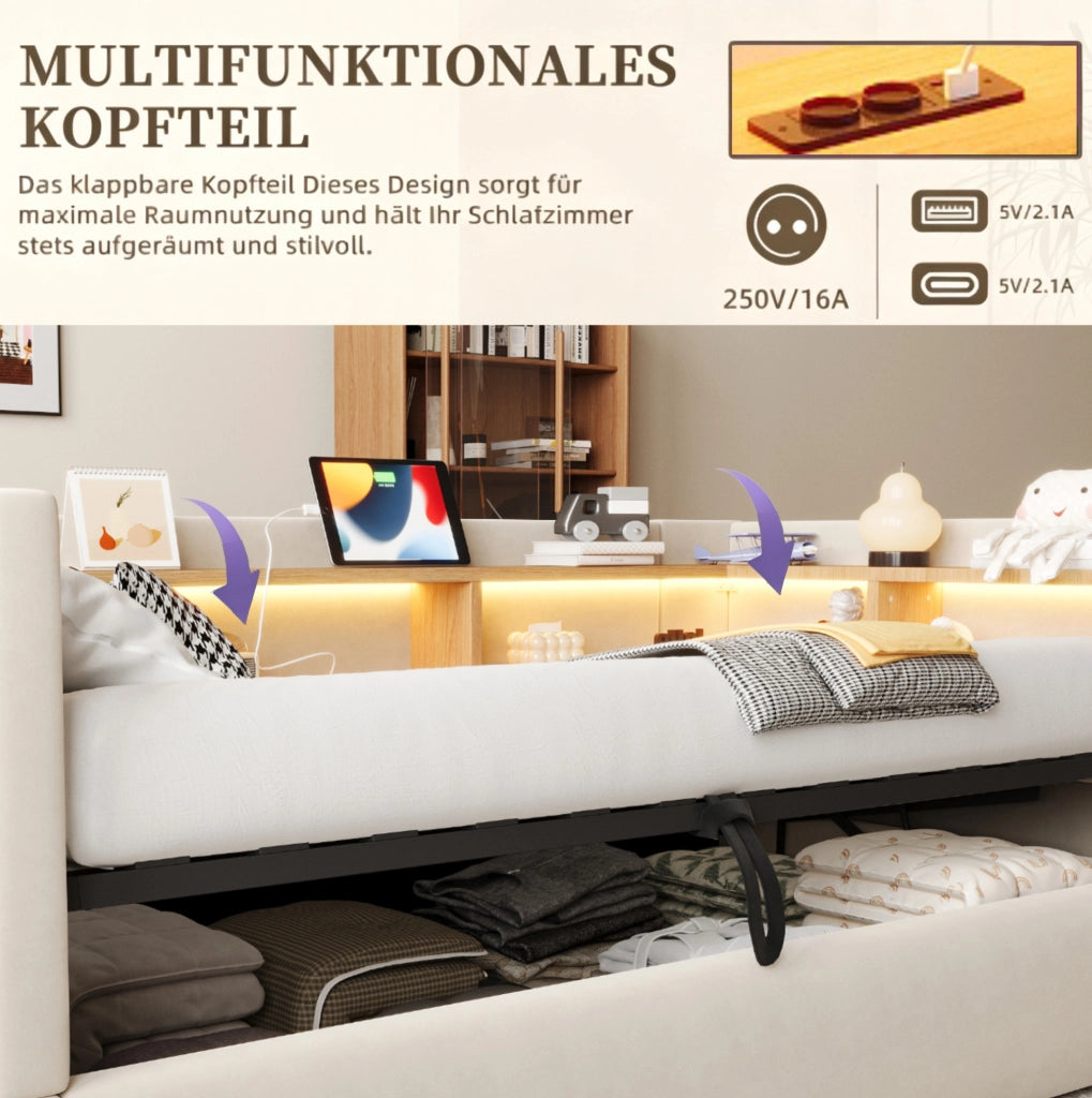 Divano letto imbottito 90x190 cm con contenitore idraulico; LED e prese; beige