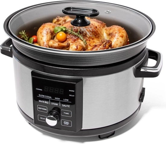 Cottura Lenta con Timer - Cottura Lenta Programmabile - Cottura Lenta Elettrica - Cottura Lenta Digitale - Piatto Interno - Cibo

Specifiche tecniche: 
- Modello: SC-1234
- Potenza: 800 W
- Temperatura massima: 150°C
- Capacità: 6 litri