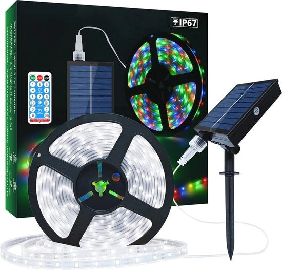 Striscia LED Solare per Esterni - 10 Metri Illuminazione Esterna Acquaparata con Comando a Distanza - LED 2835 SMD Bianco Caldo Regolabile