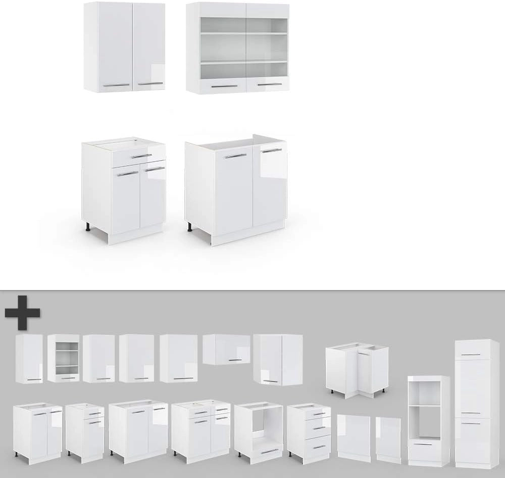 Cucina completa Fame-Line, Bianco lucido/bianco, 140 cm, PL Marmo, compatibile con i comuni elettrodomestici e abbinabile ai lavelli