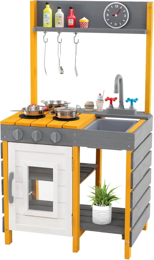 Cucina Giocattolo in Legno, Cucina per Bambini all'Aperto con Fornelli, Lavabo Rimovibile, Rubinetto, Forno, Ganci Appesi e Mensole Portaoggetti, Set di Gioco in Legno per Bambini 3+ Anni