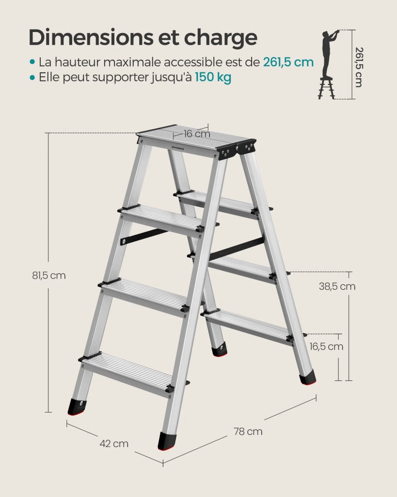 Scala a pioli scala in lega di alluminio con 4 gradini poggiapiedi multifunzionale portata: 150 kg grigio argento e nero inchiostro 12_0005328
