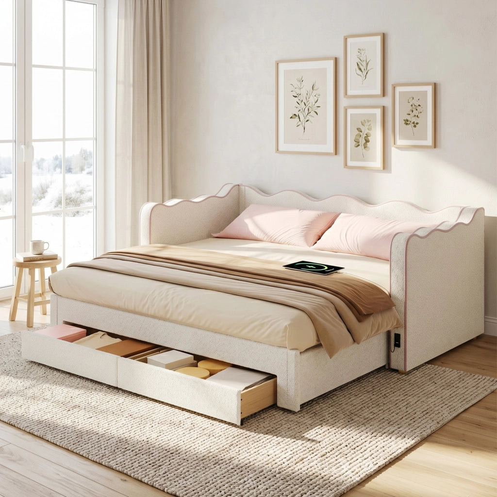 Letto daybed estraibile con cassetti, USB e Type-C, bouclé beige, 90x200 cm