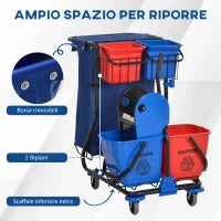 Carrello Pulizie con Sacco per Immondizia, 4 Secchi e Strizzatore per Mocio, 93x80x97 cm, Rosso Blu e Nero