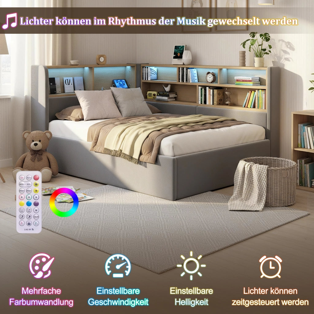 DESMIU Letto divano 90 × 200 cm 1 piazza con contenitore idraulico, LED, USB e Type-C, senza materasso, in velluto, grigio