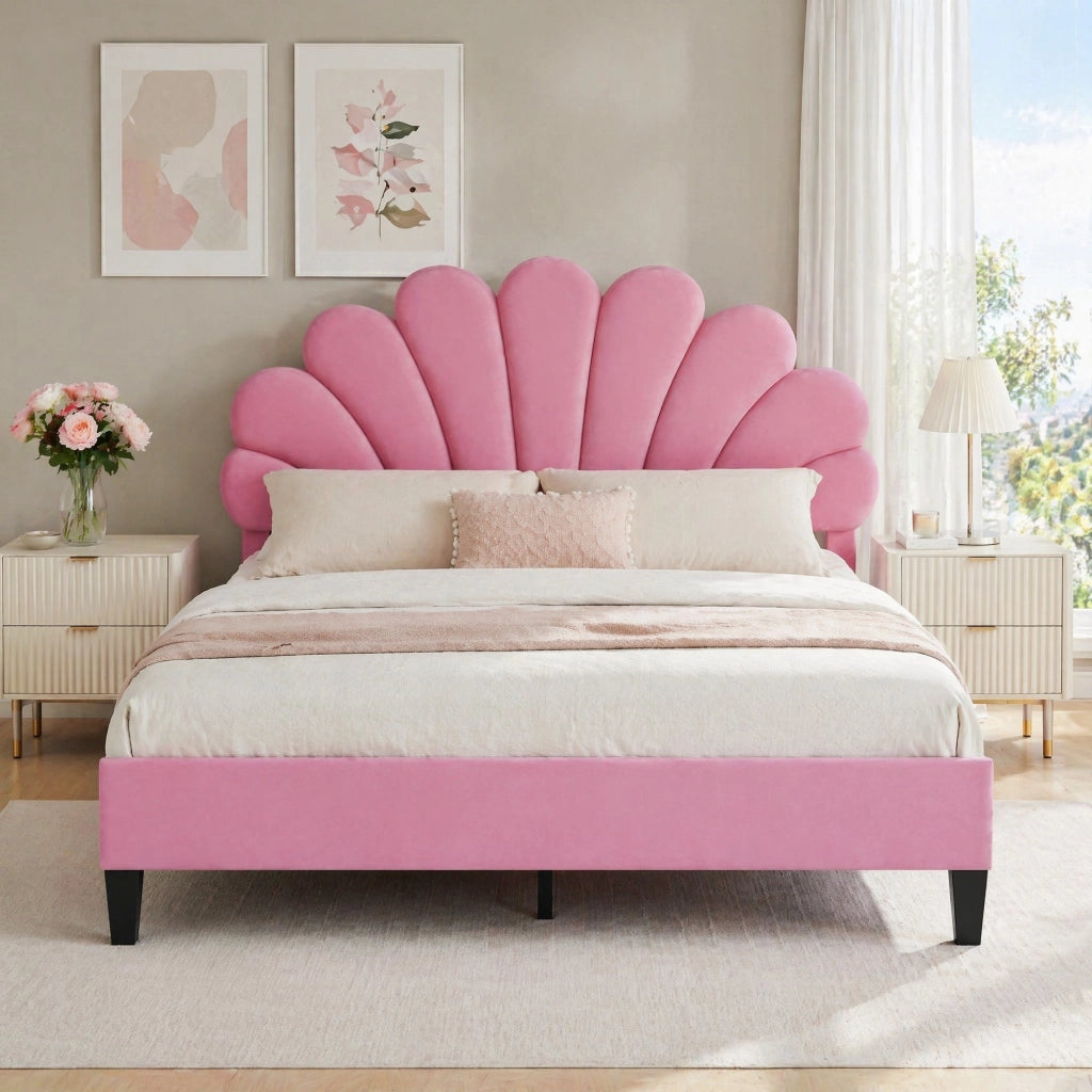Letto matrimoniale imbottito 140x200 cm con testiera a fiori; velluto rosa; rete a doghe