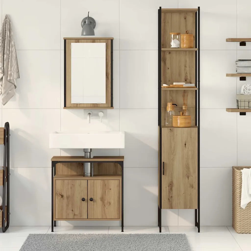 Set di mobili per il Bagno | Armadio da bagno con porta 3 pz Rovere artigianale