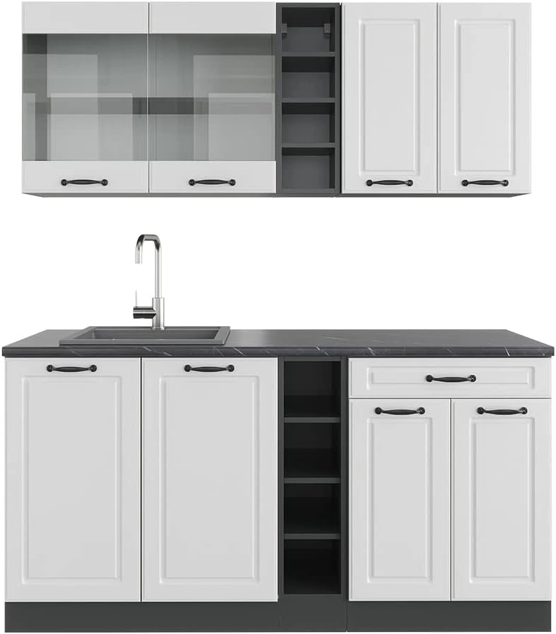 Cucina completa R-Line, Bianco casa di campagna/antracite, 160 cm, PL Antracite, adatto per l'espansione individuale con moduli aggiuntivi