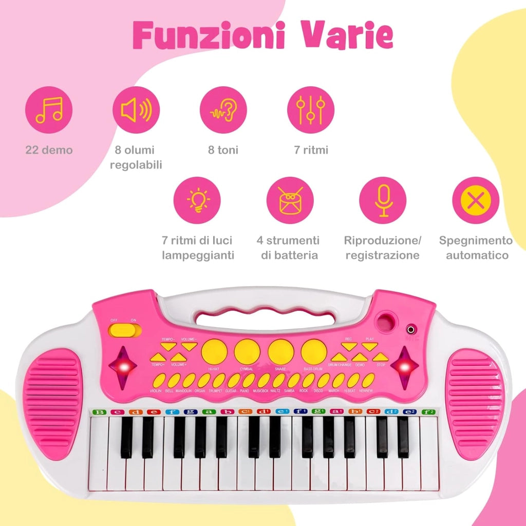 Tastiera Giocattolo a 31 Tasti, Pianoforte Digitale per Bambini, con Microfono Sgabello Luci, Funzioni di Record e Playback, Pianola Bambini con 22 Battiti/8 Toni/7 Ritmi, per 3+ Anni (Rosa)
