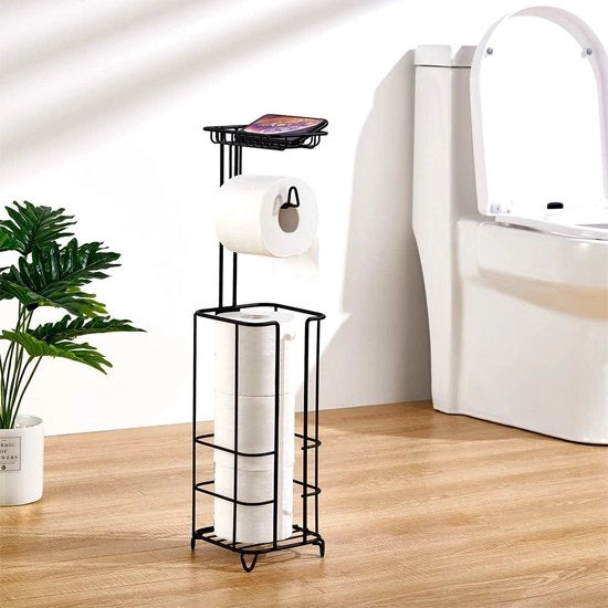 Sostegno per carta igienica con chiusura a piastra per telefono cellulare - Supporto per carta igienica staccabile per bagno con piastra - Nero con spazio per mega-rotoli.