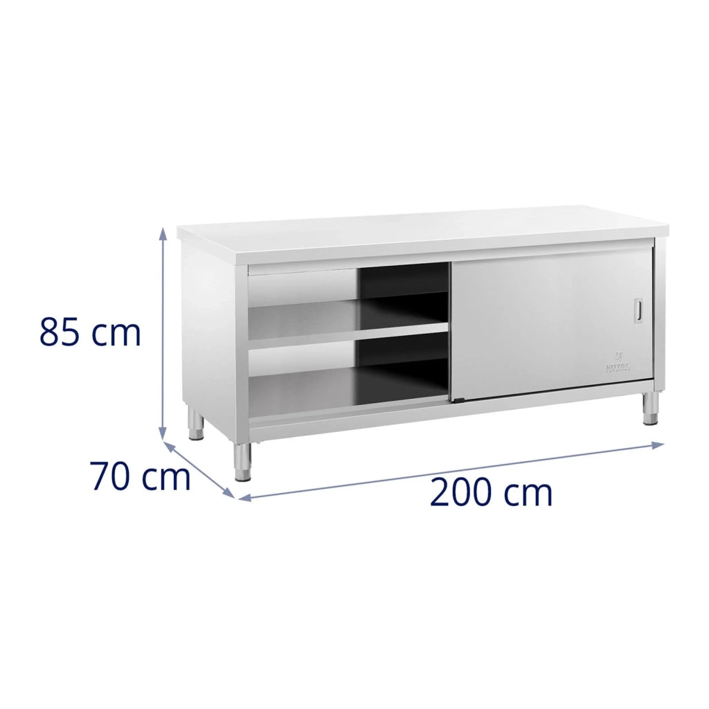 Mobile base in acciaio inox piano di lavoro per cucina con ante scorrevoli 200 x 70 cm portata 600 kg 14_0005086