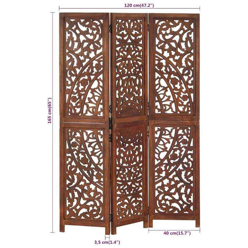 3-piece Room Divider, Hand-carved, Brown, 120x165 Cm, Mango Wood
