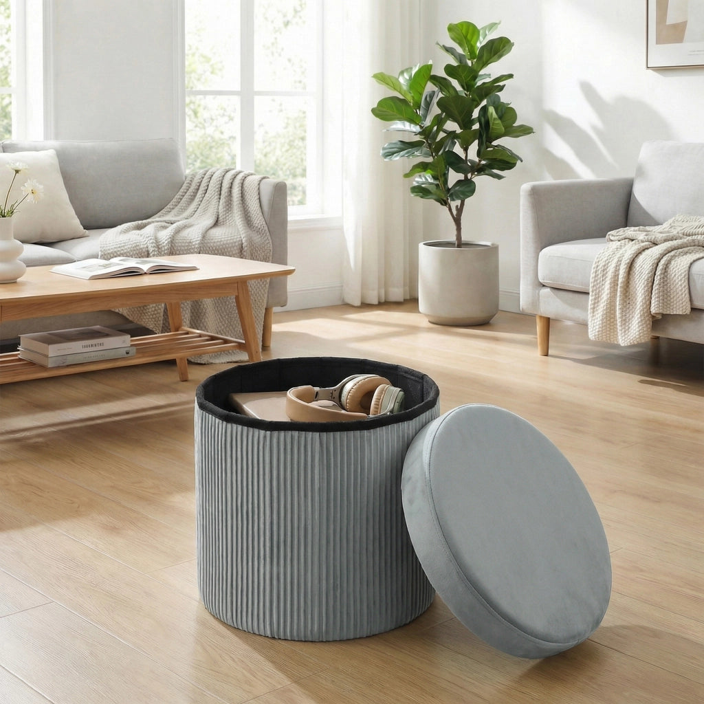 Pouf con Cassetti Pieghevole ¨C Zephmum ¨C 38x38x38 cm Grigio Scuro Tessuto Velluto