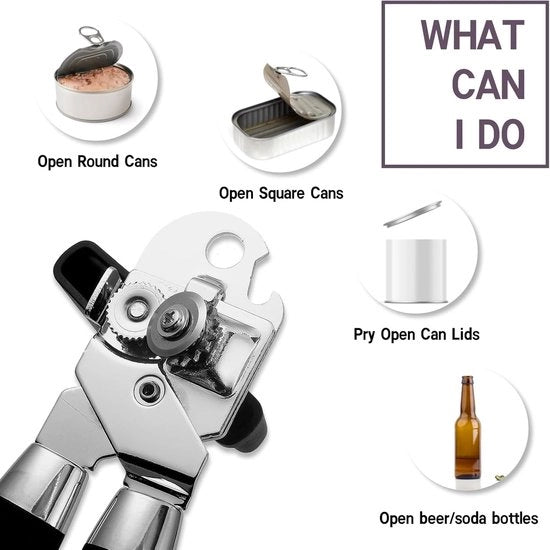 Opener manuale per lattine e bottiglie con rimuovitore di coperchio magnetico - Apribottiglie robusto in acciaio inossidabile con bordi lisci, manico ergonomico e lama tagliente (nero)