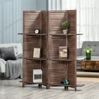 Paravento Interno a 4 Pannelli 162L x 170H cm 3 Ripiani Pieghevoli Separatore di Ambiente Porte a Persiana Legno di Paulownia Noce