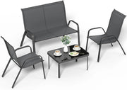 Set Salotto da Giardino 4 Pezzi, Set Mobili da Esterno con Divano 2 Posti, 2 Poltrone, 1 Tavolino in vetro, Textilene Traspirante, Set da Conversazioni per Piccolo Balcone, Terrazzo (Grigio)