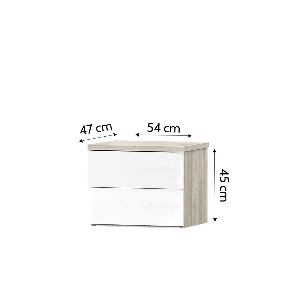 Comodino Melodia 2 Cassetti Rovere Sbiancato e Bianco Lucido – Design Moderno Senza Maniglie