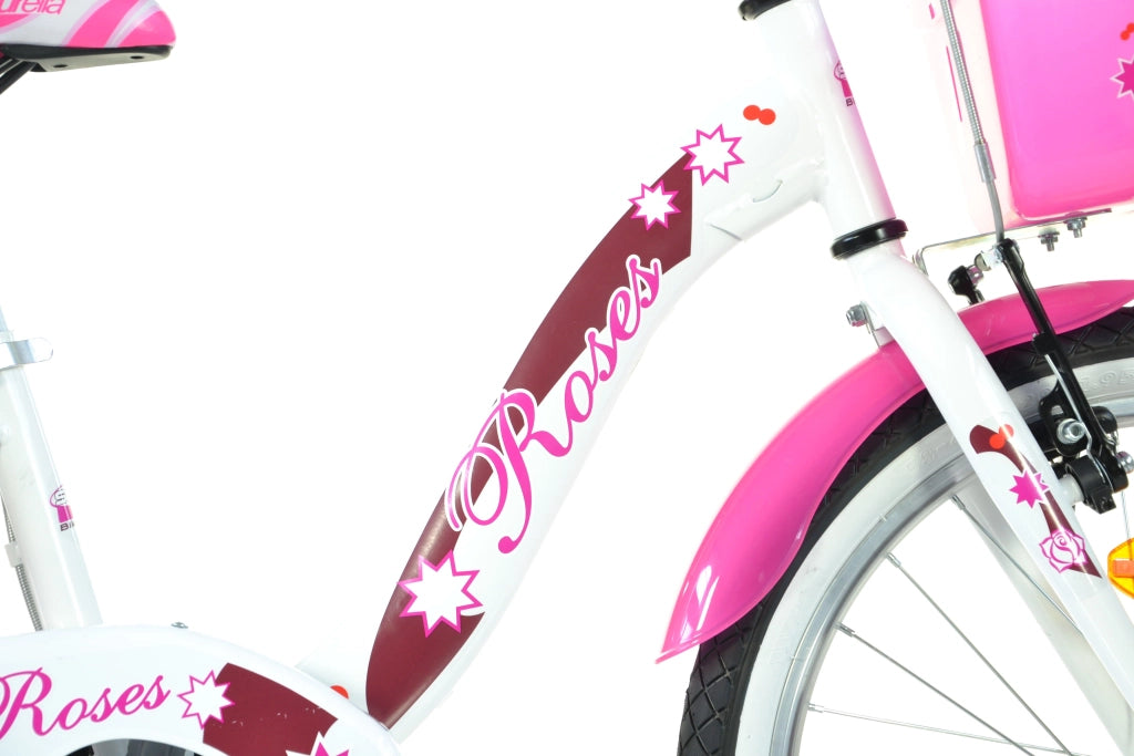 SCH ROSES 20", bicicletta per bambini, adatta a bambini tra i 6 e i 10 anni, per altezza tra 120 e 155 cm, cestino, camp