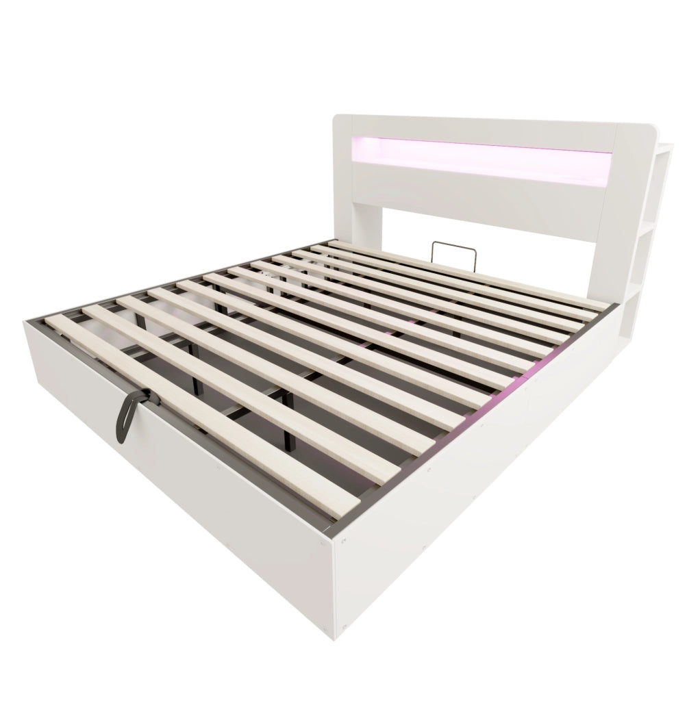 Letto matrimoniale contenitore 180x200 cm in legno bianco con LED; prese e testiera con ripiani