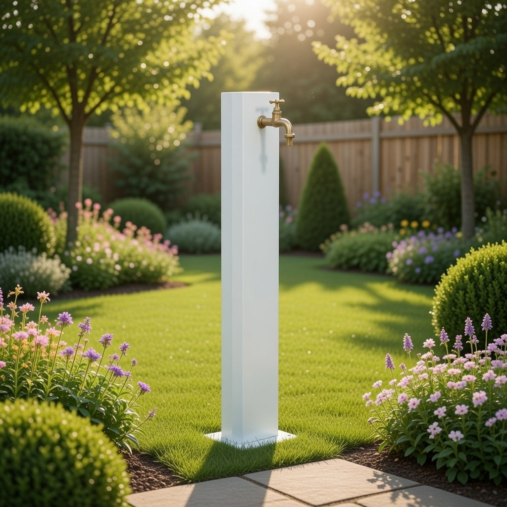 Fontanella da Giardino con Rubinetto in Ottone 20x10x100 cm in Acciaio Bianco