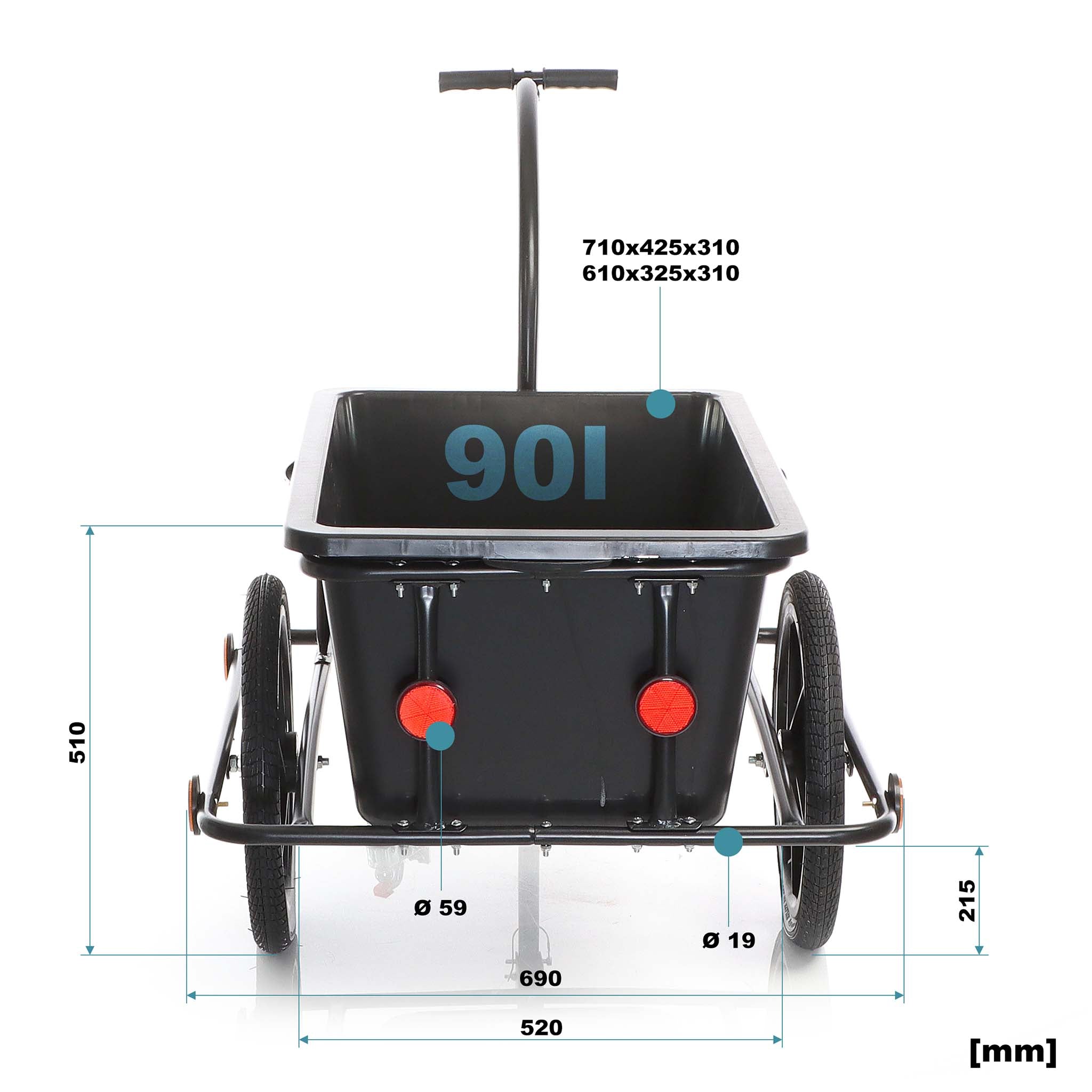Rimorchio per bici con recipiente da 90 l per carichi fino a 80 kg, con pneumatici da 16"