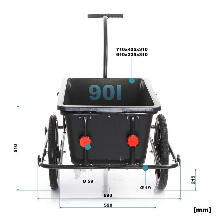 Rimorchio per bici con recipiente da 90 l per carichi fino a 80 kg, con pneumatici da 16"