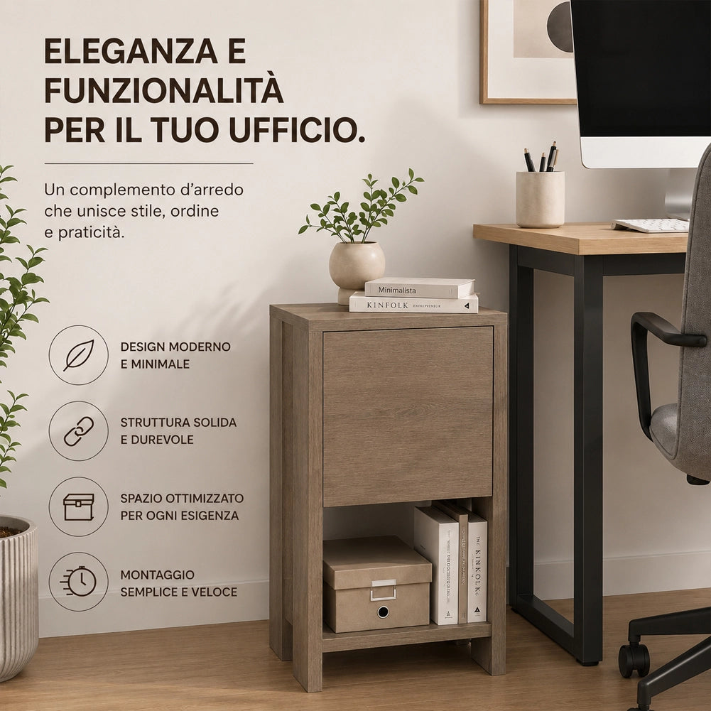 Comodino Mobiletto 2 Ripiani con Anta Ribalta Tavolino Design Moderno Rovere