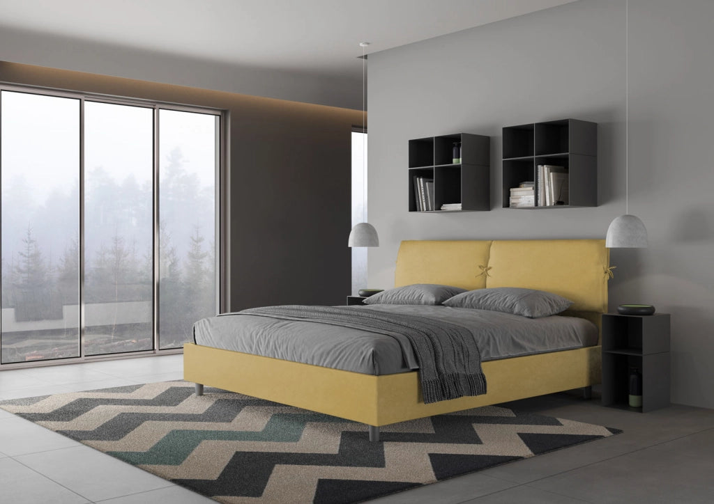 BS COM Letto matrimoniale king size con rete imbottito 200x200 microfibra ocra