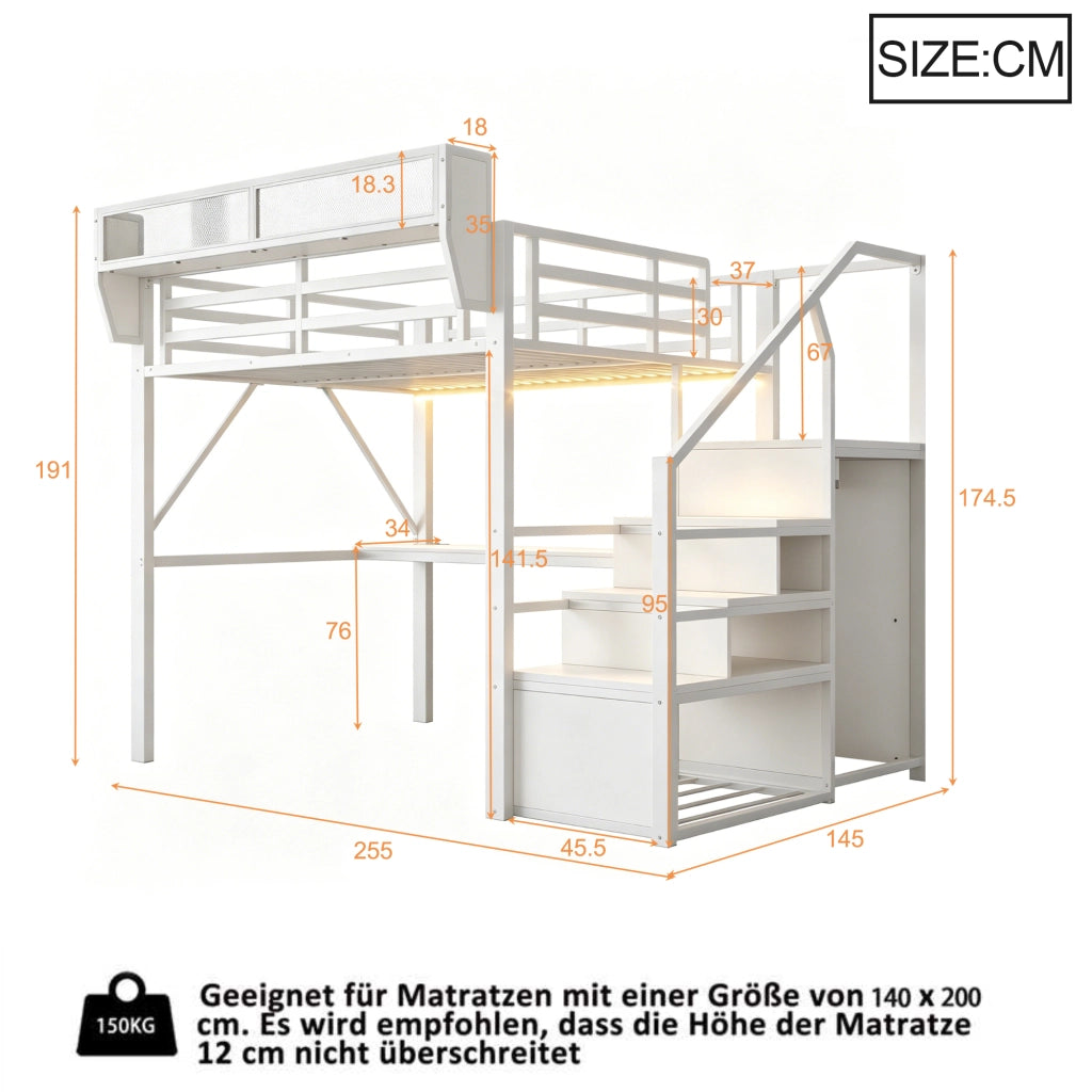 Letto a soppalco 140 × 200 cm con scrivania, scaffale regolabile, LED e scala di sicurezza, senza materasso, bianco