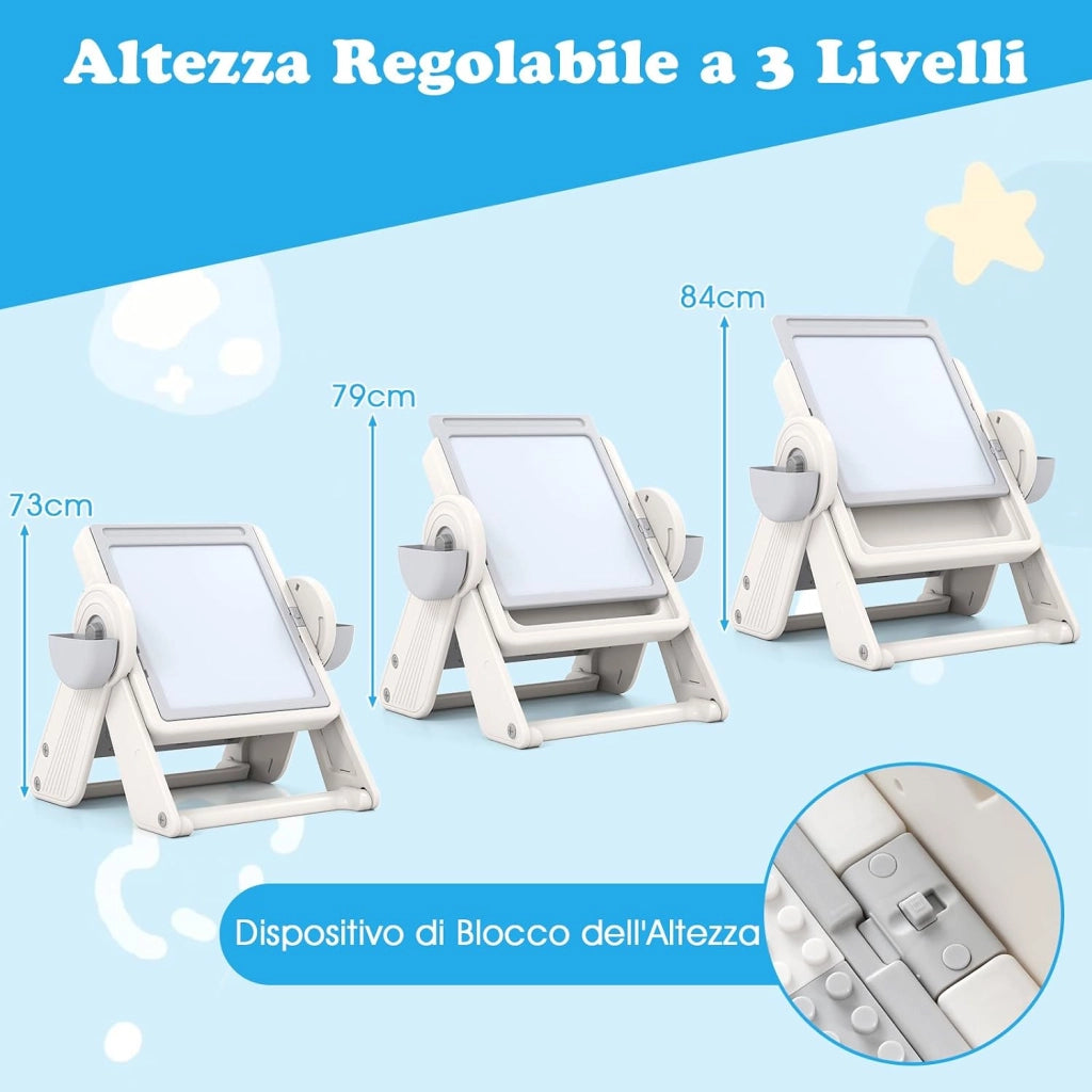 Set Tavolo e Sedia 6 in 1 per Bambini 18+ Mesi, Tavolino Pieghevole con Piano Reversibile, Porta Penne, Cesti Contenitori e Scaffale, Tavolo Salvaspazio per Giochi per Cameretta (Grigio)