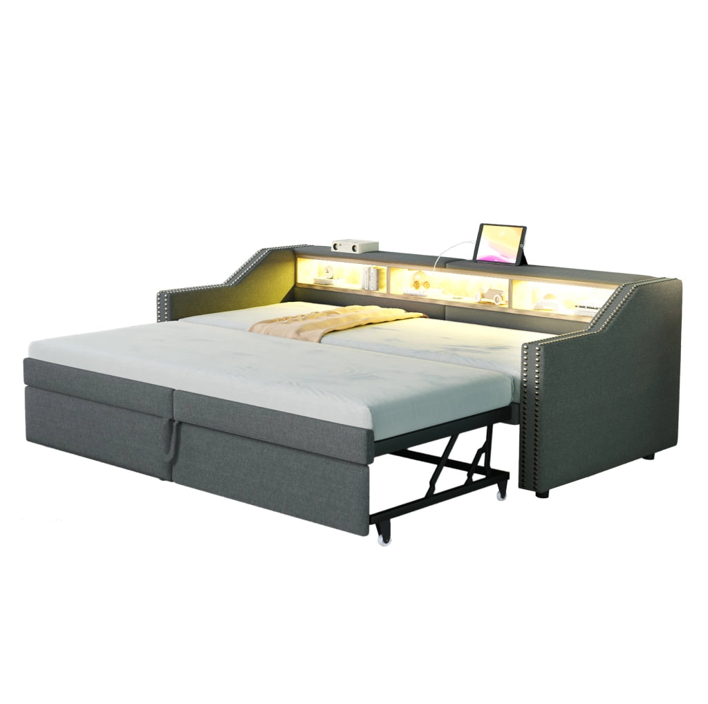 Divano letto imbottito estraibile 90/180 x 200 cm con LED e USB grigio scuro
