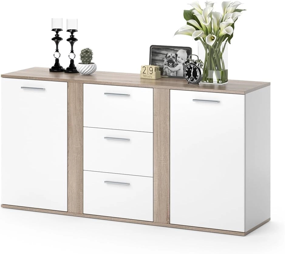 Credenza Novelli, Bianco/Sonoma, 155 x 80 cm con cassetti