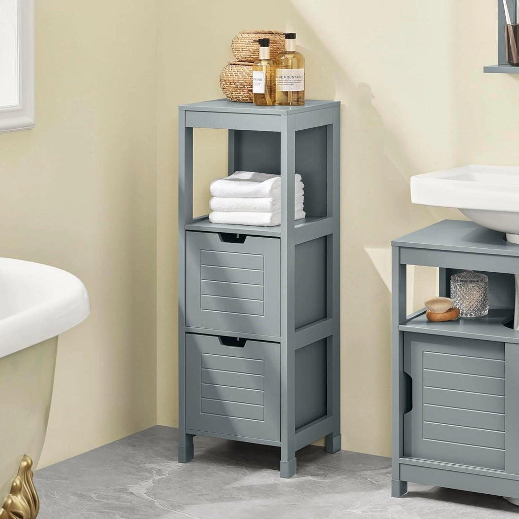 Mobile Bagno Cassettiera – Mobiletto Stretto con 2 Cestini – Armadietto Salvaspazio per Piccoli Bagni e WC, Mobiletto Bagno in Legno, Grigio, 30x89x30 cm, FRG127-SG