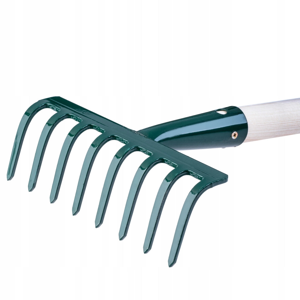 Rastrello per foglie KADAX, per giardino ed erba, con manico in legno, 117 cm, 8 denti solidi