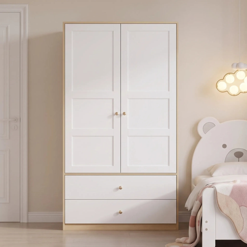 Armadio 2 ante con 2 cassetti e appendiabiti, 100x48x180 cm, bianco e effetto legno