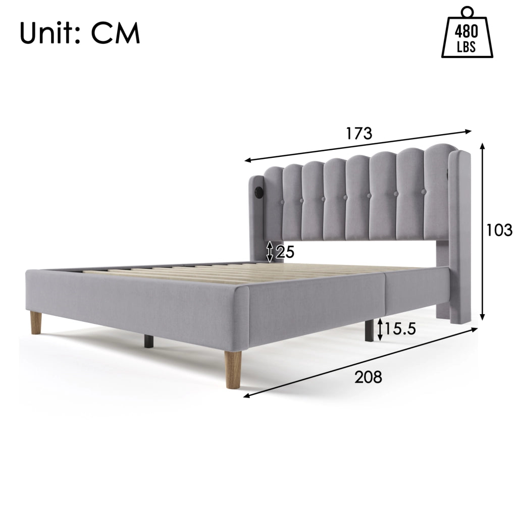 Letto matrimoniale imbottito 160x200 cm in lino grigio con USB e presa Type-C; con materasso